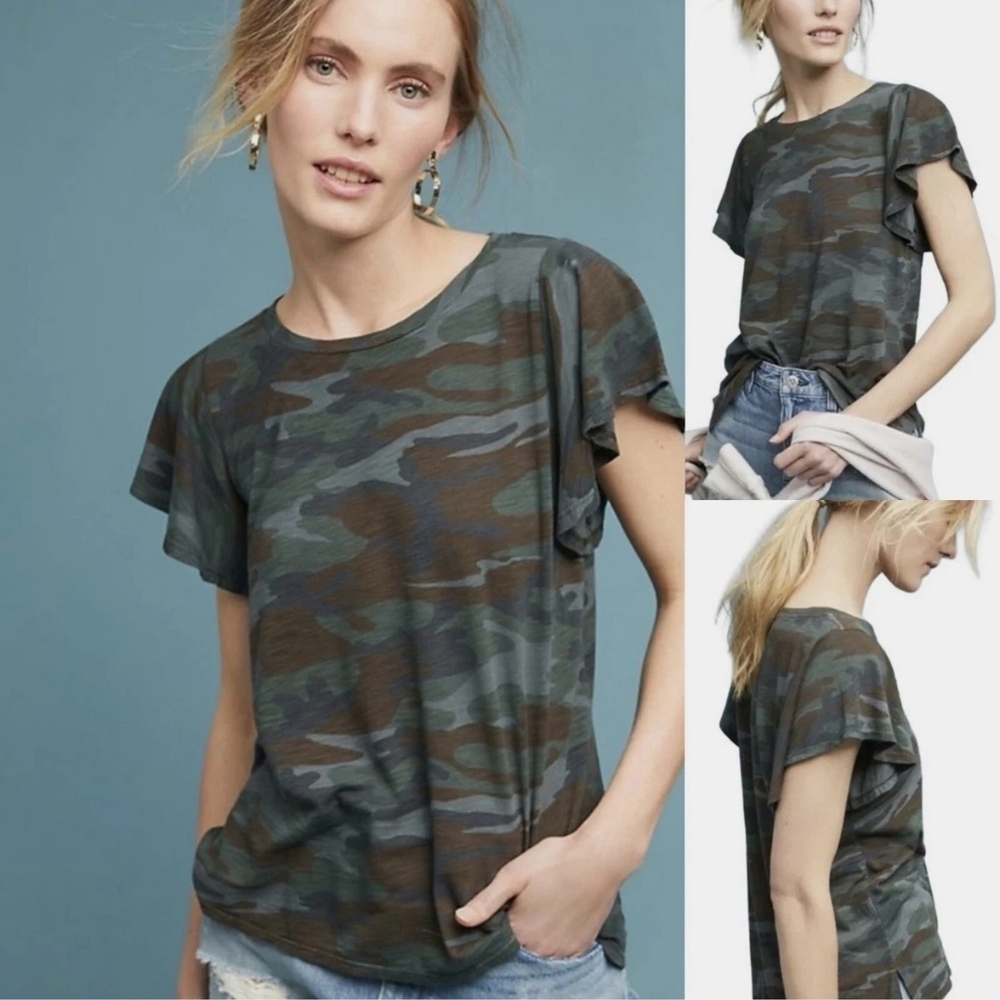 TLA Anthropologie Camo Flutter Sleeve Road Tripping Tee